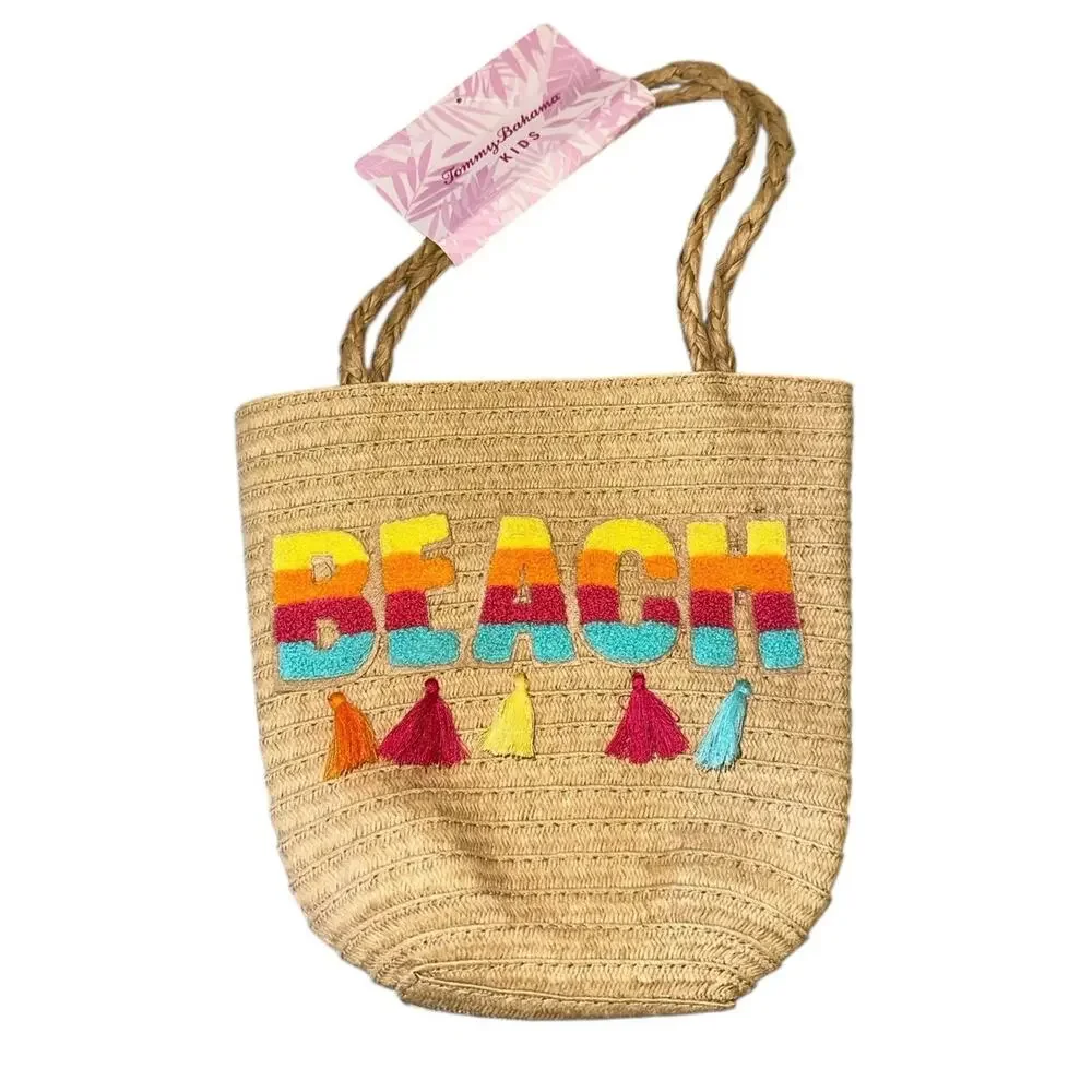 NWT Tommy Bahama Kids Beach Tote Straw Bag Rainbow Beach Tassel Summer Vacation